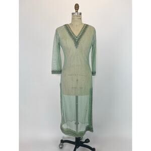 VTG Sheer Beaded Mesh Jalabiya Kurta Dress Mint Kaftan Tunic Embellished Small